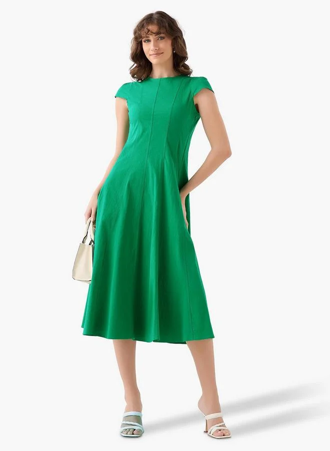 ايكونيك Iconic A-line Midi Dress with Cap Sleeves